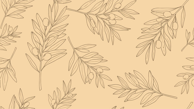 Elegant seamless pattern showcasing olive branches with leaves and fruits in a delicate line art sketch style on a beige background.