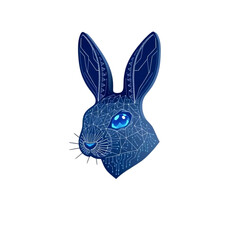 A digital illustration of a blue rabbit head with geometric patterns and long ears viewed from the side