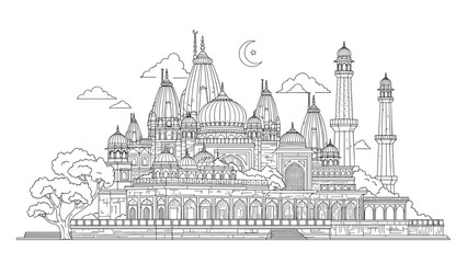 Obraz premium Intricate line art drawing of a majestic mosque complex with domes and minarets under a crescent moon, perfect for coloring.