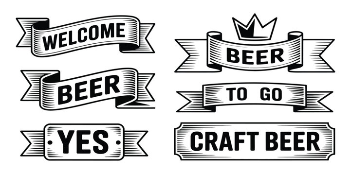 Vintage Beer Banner Set with Engraved Ribbons and Craft Beer Labels in Monochrome Retro Style