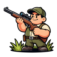 Fototapeta premium A burly hunter with a rifle. Dressed in hunting clothes. Cartoon mascot, illustration, clean lines, flat design, modern, high quality