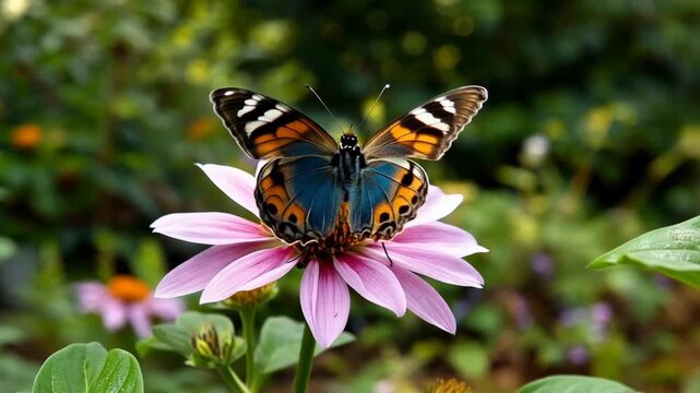 Butterfly landing on pink coneflower nectar gathering insect pollination nature garden macro detail vibrant wings delicate petals blooming flora in sunlight soft focus background serene beauty