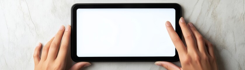 Individual holding modern tablet device with blank screen poised for digital interaction or content display highlighting technology use and user experience.