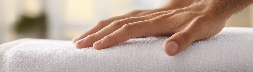 Close up view of human hand gently resting on soft white terry towel surface hand rests gently on soft textured towel conveying comfort and cleanliness.