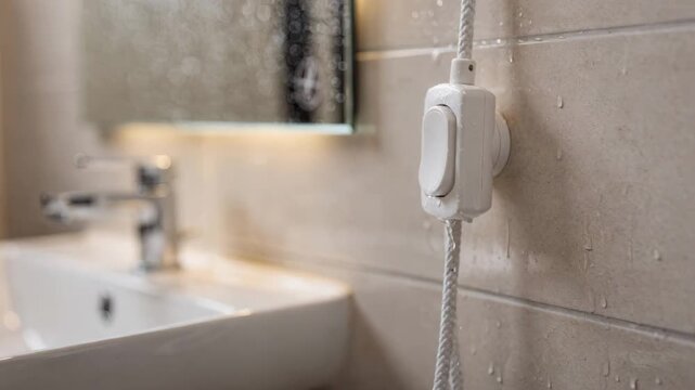 Detailed medium shot of a pull cord switch near a bathroom sink cord sharply focused contrasting with blurred faucet and mirror background showing easy reach in wet environments.