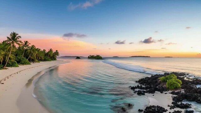 A breathtaking wide aerial view captures a serene tropical paradise at the soft glow of sunrise or sunset. Gentle, clear turquoise waves softly lap against a pristine white sand beach, bordered by lus