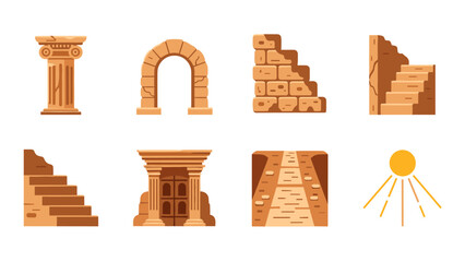 Ancient architecture set with columns, arches, and steps in flat design style