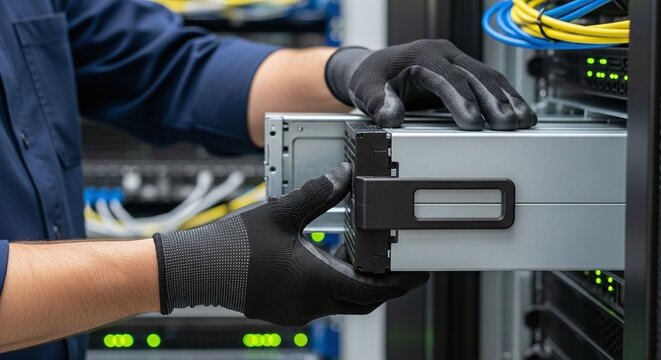 Engineer Replacing Battery in UPS In a Server Room with Copy Space