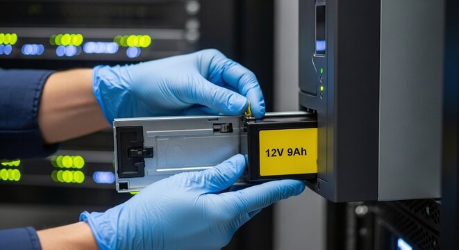 Engineer Replacing Battery in UPS In a Server Room with Copy Space