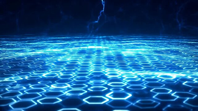 Futuristic blue hexagonal grid with glowing lines and electric energy. Represents advanced technology and digital innovation in modern design
