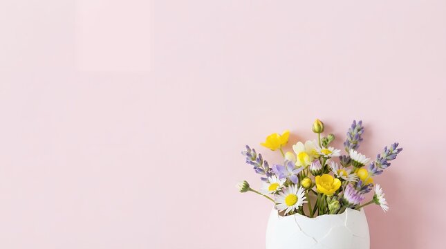 Delicate white cracked eggshell brimming with a cheerful arrangement of yellow buttercups white daisies purple lavender and small blue wildflowers 185 characters floral arrangement