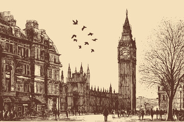 Big Ben, London, England illustration in a vintage style. This vector illustration can be used in any size you like for advertising, logos, and other work.
