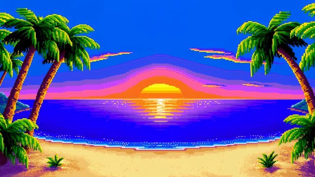 Vibrant pixel art sunset over a tranquil beach with palm trees. A nostalgic representation of relaxation and tropical paradise