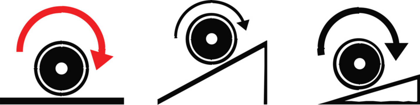 Physics Education Icon Set Illustrating Rotational Motion and Rolling Objects on Inclined Planes for Science Textbooks, Mechanical Engineering Diagrams, and School Lesson Presentations
