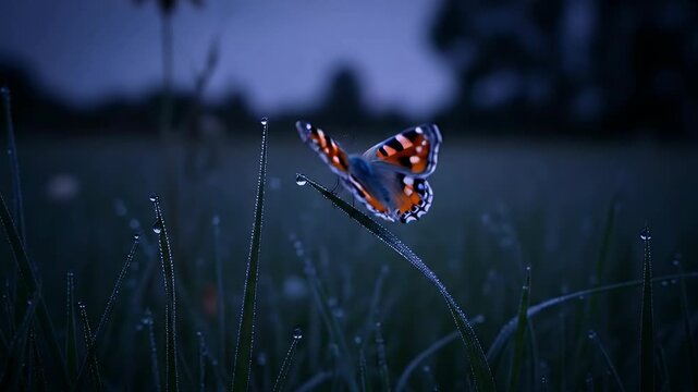 A captivating macro shot features a delicate butterfly with intricate, vibrant wing patterns perched gracefully on a dew-covered blade of grass. The tranquil, cool-toned lighting of dawn or dusk illum