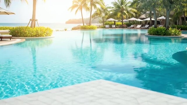 A captivating panoramic view showcases a pristine, crystal-clear blue swimming pool shimmering under the warm, bright sunlight. The luxurious resort setting features gracefully swaying palm trees, ver