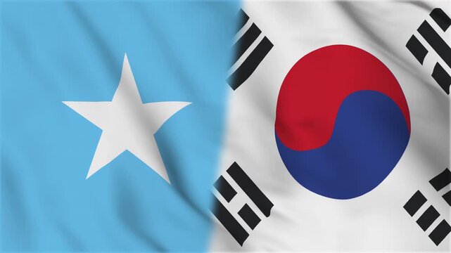Somalia and South Korea flags waving together. The flags of Somalia and South Korea are flying together. National flag waving animation loop. South Korean national flag waving