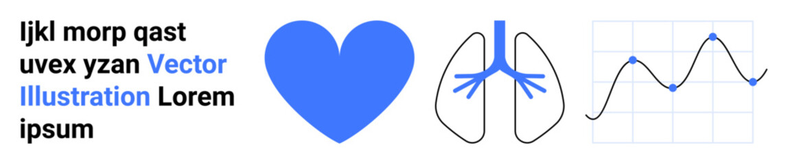 Health monitoring, analytics, medical research, cardiology, respiratory care, data trends. Blue heart, lungs and line graph with additional text elements. Health monitoring and analytics concepts