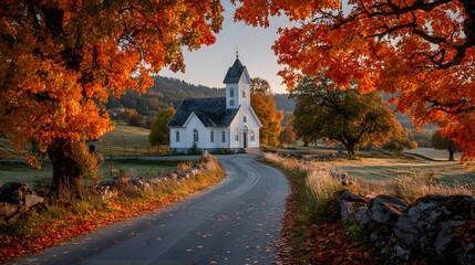 Fototapeta premium Idyllic white countryside church surrounded by vibrant autumn trees with red and orange leaves and a winding paved road leading to the door.
