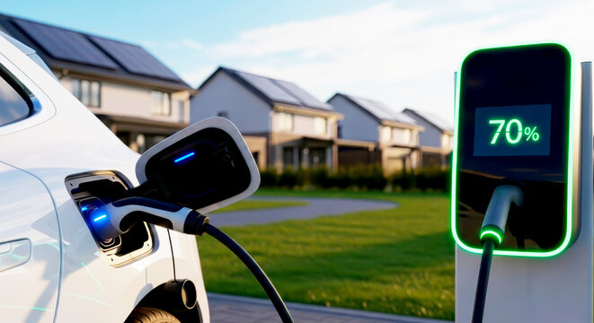 A white electric car charging with a charge percentage display at a charging station against a residential complex background.