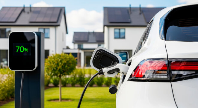A white electric car charging with a charge percentage display at a charging station against a residential complex background.