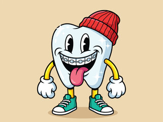 Cartoon tooth character with braces and beanie.