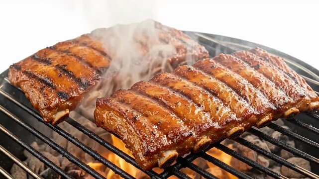 A close-up shot captures two racks of succulent, glazed ribs sizzling on a hot barbecue grill, with smoke gently rising from the perfectly cooked meat. Flames from the charcoal below create a mouth-wa