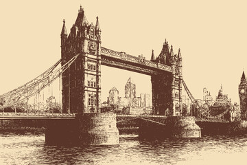 Obraz premium Tower Bridge, England illustration in a vintage style. This vector illustration can be used in any size you like for advertising, logos, and other work. 