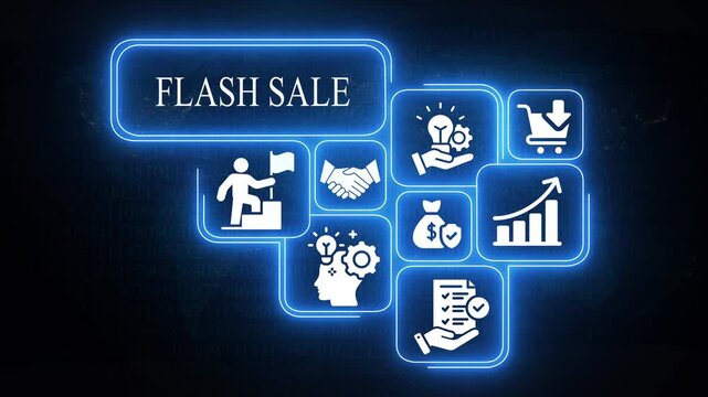 Neon Icons Illustrating Flash Sale Concepts on a Dark Digital Background with Abstract Numbers discount