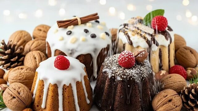 A delightful close-up shot of an assortment of beautifully decorated mini bundt cakes, perfect for a festive occasion. Each sweet treat features different glazes and toppings, including luscious white