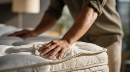 Obraz premium Illustrating the step-by-step method of cleaning a white mattress, including preparation with baking soda and essential oils, focusing on enhancing the mattress's longevity and freshness. cinematic