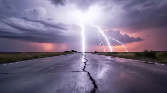 A dramatically intense rainstorm unfolds over a long, empty wet road stretching into the horizon, silhouetted by a vibrant sunset. A powerful lightning bolt dramatically illuminates the stormy sky, re