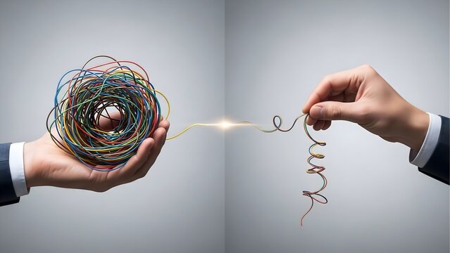 Business Problem Solving Concept with Hand Untangling Complex Mess of Colorful Wires