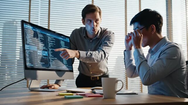 Two programmers review code on computer screen during collaboration. Developer explains code to colleague at office desk. Programmers work together on screen. Team discusses code in modern office.