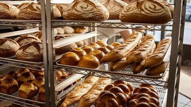 A dynamic shot captures multiple shelves overflowing with an abundant assortment of freshly baked bread, showcased on gleaming metal racks in a professional bakery setting. Large, rustic sourdough loa