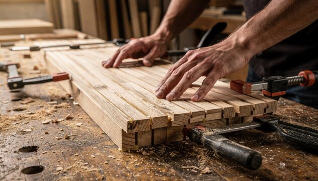 Close medium shot of edge bonding narrow wood strips into sturdy stair treads showcasing skilled hands aligning boards with industrial tools.