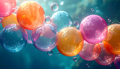 Close up of vibrant colorful bubbles floating in deep water creates a dreamy ethereal scene with beautiful depth and movement generative AI