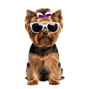 adult yorkshire terrier, groomed, silky mahogany fur, purple ribbon topknot, oversized white sunglasses, deadpan expression, high-key studio portrait concept for high-fashion pet photography