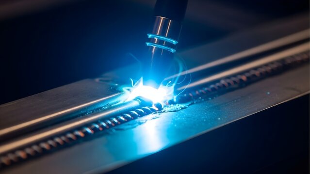 Industrial Robotic Welding Process with Blue Arc Flash in Manufacturing Plant