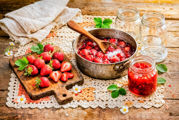 Homemade Strawberry Jam in Rustic Vintage Kitchen