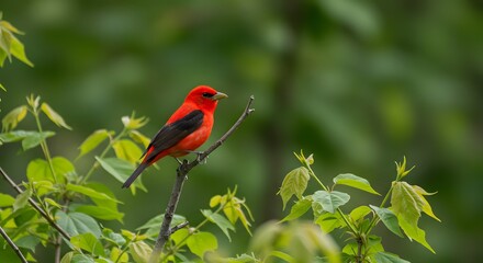 A vibrant red bird perches on a twig, surrounded by lush green foliage