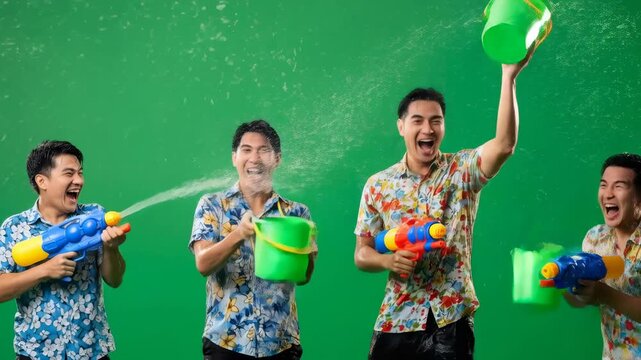 Man spraying water with a colorful toy and a man with a bucket getting wet on a green screen for chromakey.