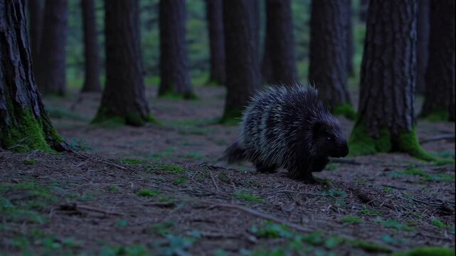 A North American porcupine slowly ambles across the shadowed forest floor at dusk, its formidable quills visible as it moves cautiously through the sparse undergrowth beneath towering pine trees.