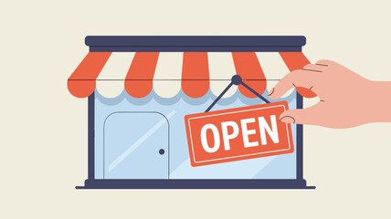 hand hanging an open sign on an online store, concept of e-commerce, small business launch, and grand opening
