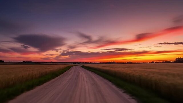 A picturesque view of a long, winding dirt road extending into the horizon, flanked by vast golden fields under a dramatic and colorful sunset sky. The vibrant hues of purple, orange, and red paint th