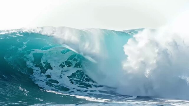 A powerful ocean wave with vibrant blue and turquoise hues crashes and rolls, its crest erupting into a dramatic plume of white foam against a bright, clear sky. The colossal swell demonstrates the ra