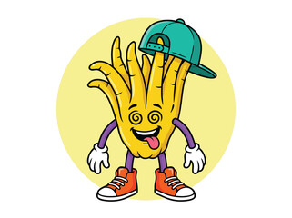 Funny cartoon banana character wearing a baseball cap.
