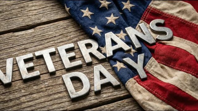 Veterans Day holiday concept with silver text and American flag on rustic wooden background