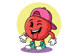 Funny cartoon character with a red ball wearing a pink cap and sneakers.
