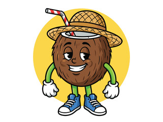 Funny Cartoon Coconut Character Wearing a Hat and Shoes.